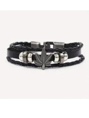 Leather Bracelet Cuff Cannabis Leaf Wrist Rock Edgy Mary Jane Pot Metal Beads